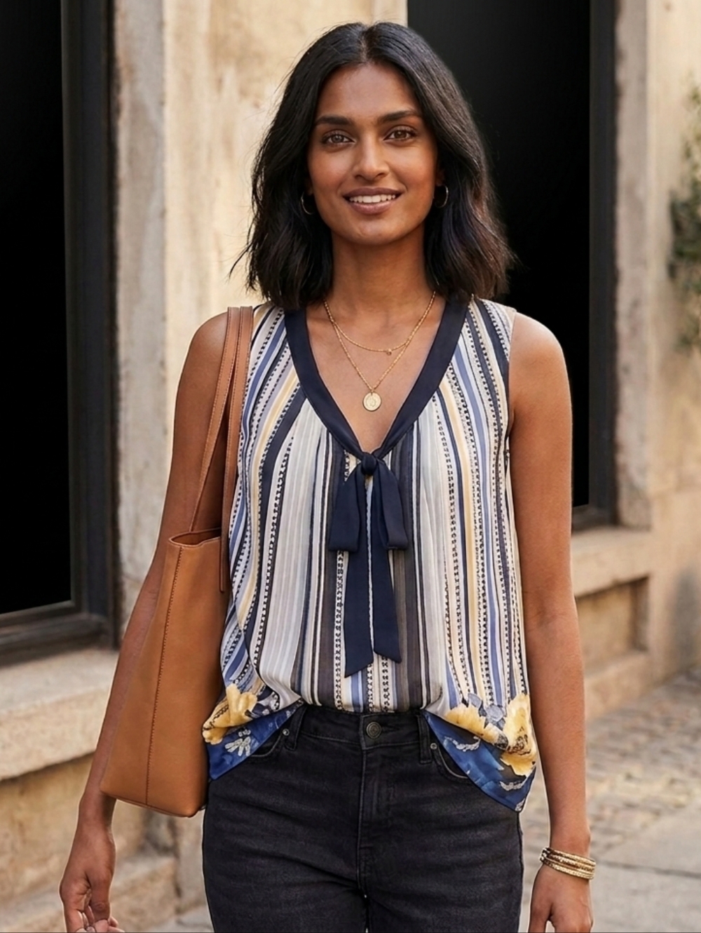 100% Silk Navy and Yellow Floral Blouse